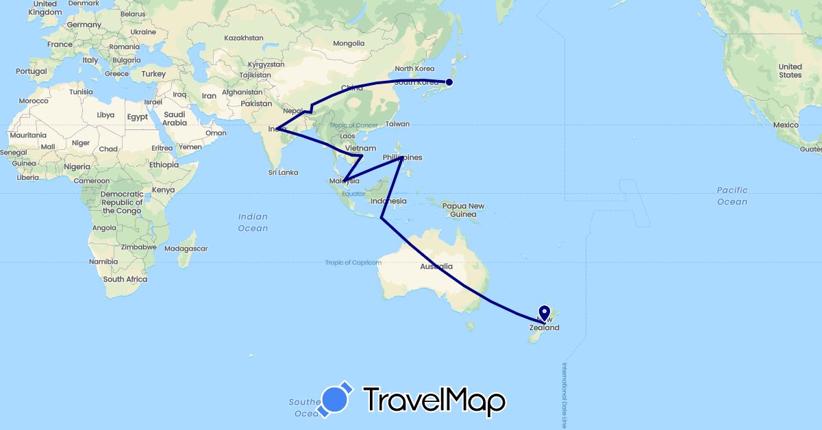 TravelMap itinerary: driving in Australia, Bhutan, China, Indonesia, India, Japan, Cambodia, Myanmar (Burma), Malaysia, Nepal, New Zealand, Philippines, Thailand, Vietnam (Asia, Oceania)